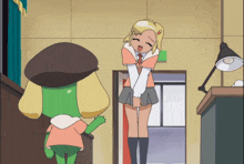 a girl with blonde hair is standing next to a frog in a room