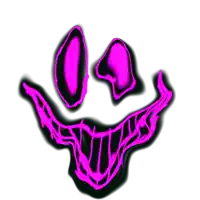 a purple and black smiley face with big teeth on a white background