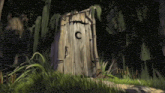 a painting of a wooden outhouse with the letter c on it