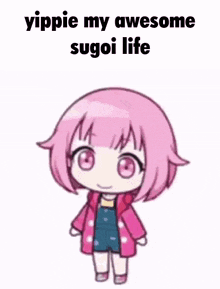 a cartoon girl with pink hair is standing in front of confetti .