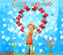 a feliz sabado greeting card with hearts and flowers