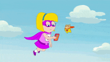 a cartoon girl in a purple cape is holding a phone