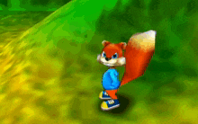 a cartoon squirrel with a blue shirt and blue shoes is standing in the grass