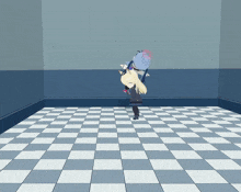 a cartoon character is standing on a checkered floor with a blue wall behind her