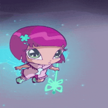 a cartoon girl with pink hair and green eyes is holding a wand