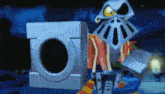 a cartoon character is standing next to a washer and dryer