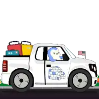 a cartoon illustration of a white truck with a penguin and an igloo on the side