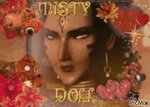 a picture of a woman surrounded by hearts and flowers says misty doll