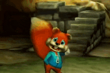 a cartoon squirrel wearing a blue jacket is standing in front of a brick wall .