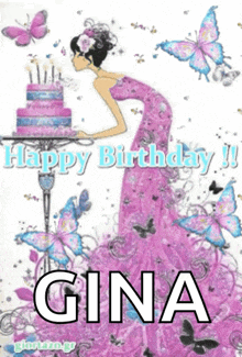a girl in a pink dress is blowing out candles on a birthday cake with the name gina on the bottom