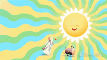 a cartoon of a man and a sheep in front of a smiling sun with clideo.com at the bottom