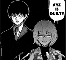 a man and a woman are standing in front of microphones in a black and white drawing .