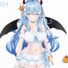 a girl with blue hair and bat wings is wearing a bikini