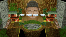 a computer generated image of a buddha surrounded by houses and trees