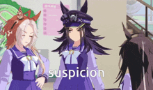 a group of anime characters with the word suspicion in the corner