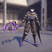 a video game character is standing on a street holding a purple sword .