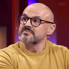 a bald man with glasses and a beard is wearing a yellow sweater and a microphone