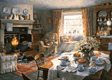 a painting of a living room with a table set for a dinner