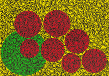 a yellow background with red and green circles