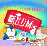 a penguin and a girl are sitting at a table with a box of chums fish flakes in front of them