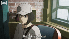 a girl in a baseball cap says " the feeling 's mutual " in front of a window