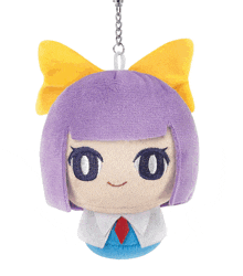 a stuffed animal with purple hair and a yellow bow