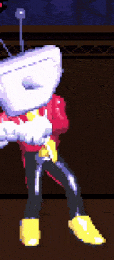 a pixel art of a cartoon character with a red shirt and yellow pants