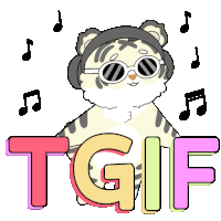 a cartoon of a tiger wearing headphones and sunglasses with the word tgif surrounded by music notes .