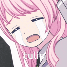 a girl with pink hair is crying and the word tulip is above her head