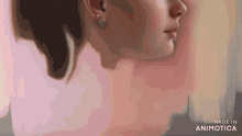 a close up of a woman 's face with a pink background and the words made in animatica on the bottom