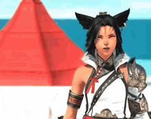 a woman in a video game standing in front of a red pyramid