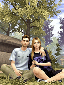 a man and a woman are posing for a picture in the grass