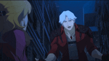 a man in a red jacket is standing next to a woman