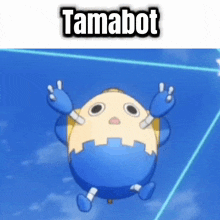 a cartoon character with the name tamabot on top