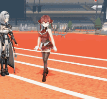 two anime girls are standing on a track and one is wearing a red dress