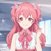 a girl with pink hair and flowers in her hair