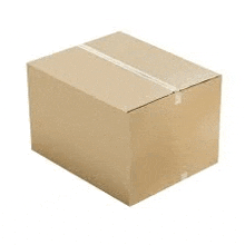a cardboard box is taped together with duct tape and is sitting on a white surface .