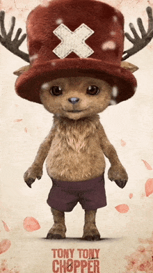 a stuffed animal with antlers and a hat that says tony tony chopper on it
