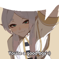 a picture of a girl with a speech bubble that says you 're a good boy :)