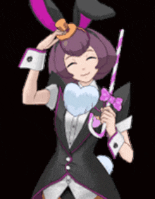 a girl in a bunny costume is holding a cane