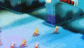 a group of cartoon characters are walking in a line in front of an exit sign .
