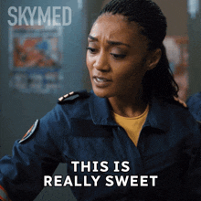 a poster for skymed shows a woman in a blue uniform saying this is really sweet