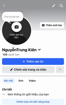 a facebook page for nguyen trung kien has a blue button that says + thêm vào tin