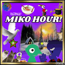 a picture of a bird a rabbit and a green alien with the words rejoice miko hour on it