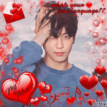a man is surrounded by red hearts and a heart that says my heart