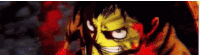 a close up of a cartoon character 's face with a red and yellow background .