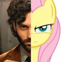 a man with a beard is next to a cartoon pony with a pink mane and tail .