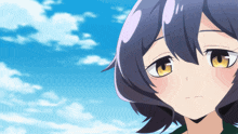 a close up of a girl 's face with blue hair and yellow eyes