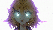 a drawing of a girl with glowing eyes and a purple background