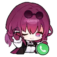 a girl with purple hair is talking on a cell phone and holding a green phone icon .